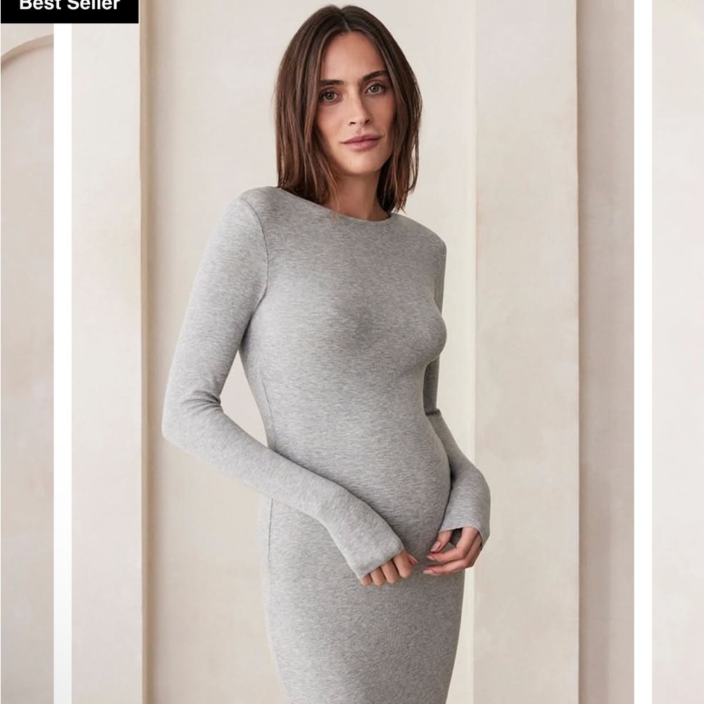Gray Ribbed Long Sleeve Bodycon Dress